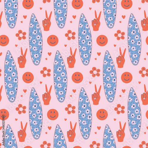 Retro style SUP board seamless pattern. Vintage cool vibes background. Y2K aesthetic print with SUP board, victory symbol, smile. Hand drawn flat design vector illustration on pink backdrop.