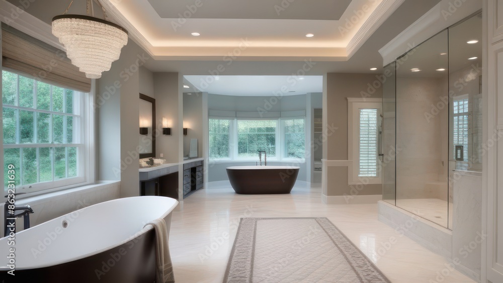 A bathroom with a spa-like atmosphere, illuminated by recessed ceiling lights and a few small, elegant wall sconces. A bathroom with a spa-like atmosphere, illuminated by recessed ceiling lights and a few small, elegant wall sconces.