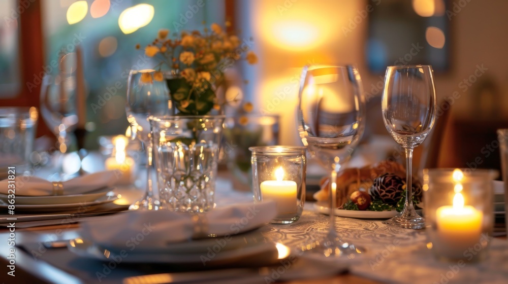 A beautifully set table with candlelight, glassware, and a centerpiece of flowers. A beautifully set table with candlelight, glassware, and a centerpiece of flowers.