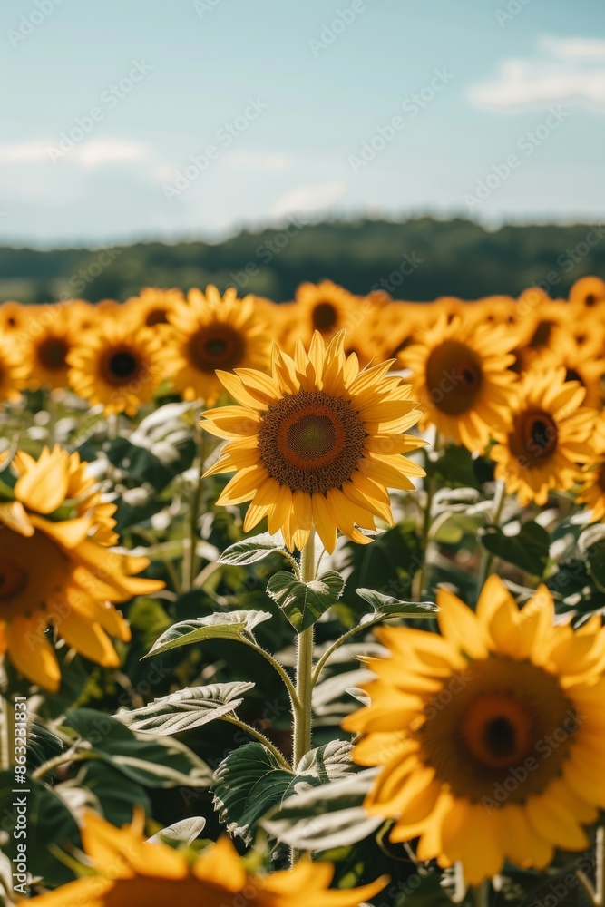 Fototapeta premium Green leaves and blue sky behind golden sunflowers in Provence.