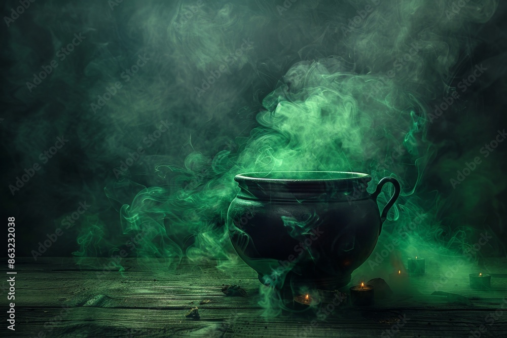 A black cauldron with green smoke billowing from its top, set against a dark and mysterious background. A black cauldron with green smoke billowing from its top, set against a dark and mysterious background.