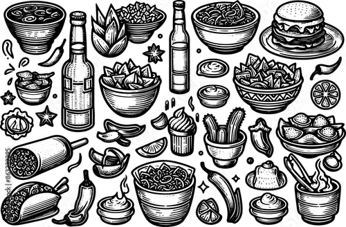 Outline Set of Mexican Food 