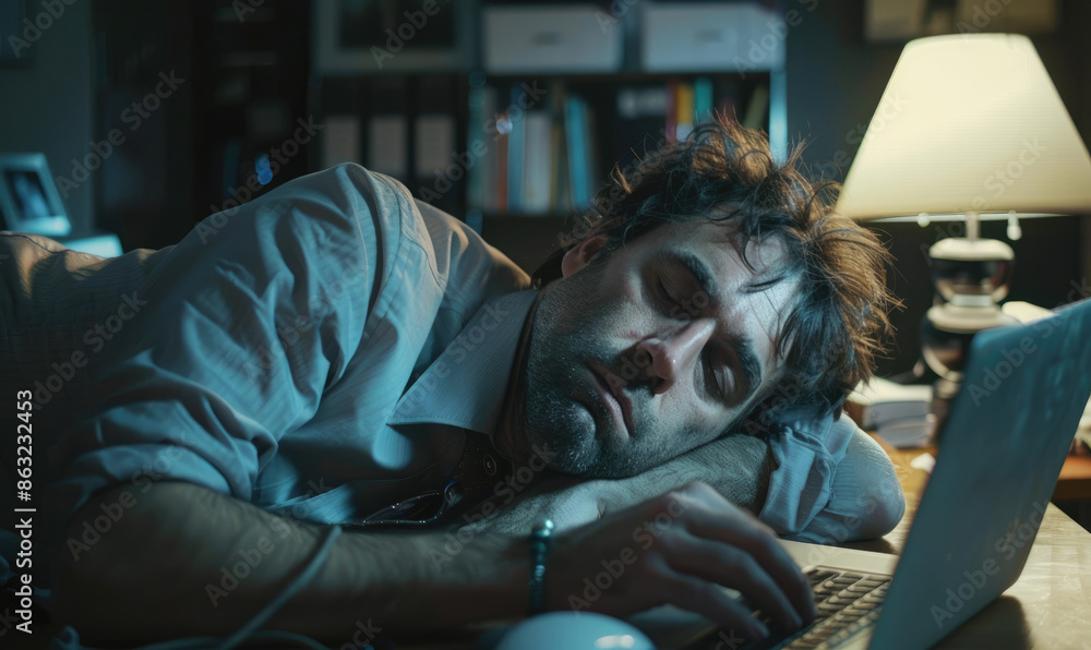 Fatigued businessman wearing a tie in front of a laptop Fatigued businessman wearing a tie in front of a laptop