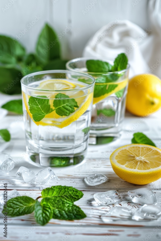 Fototapeta premium Close-up of glasses of delicious cool lemonade on a bright backdrop