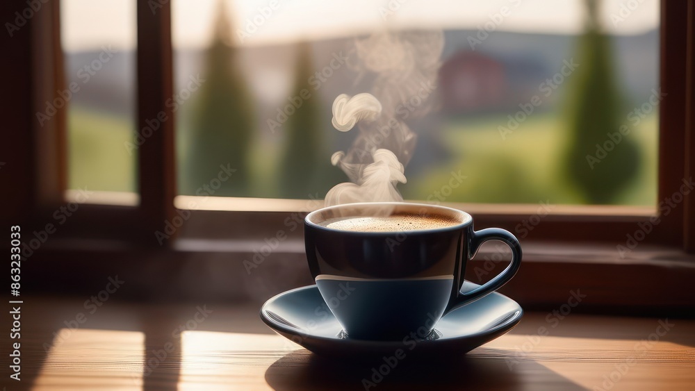 Obraz premium A warm, inviting scene of a rustic wooden table with a steaming cup of black coffee, a small ceramic bowl of fresh coffee beans, a delicate teaspoon, and a linen napkin.