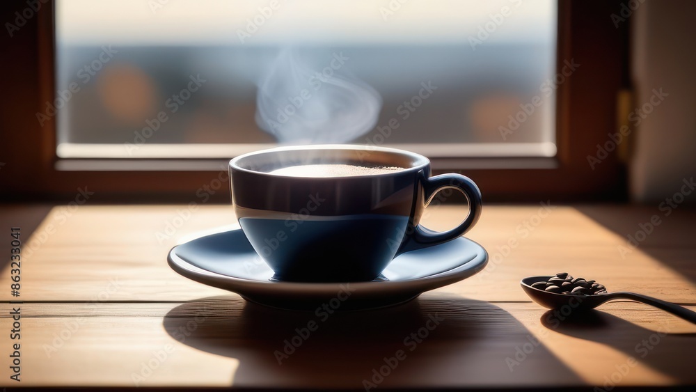 A warm, inviting scene of a rustic wooden table with a steaming cup of black coffee, a small ceramic bowl of fresh coffee beans, a delicate teaspoon, and a linen napkin. A warm, inviting scene of a rustic wooden table with a steaming cup of black coffee, a small ceramic bowl of fresh coffee beans, a delicate teaspoon, and a linen napkin.