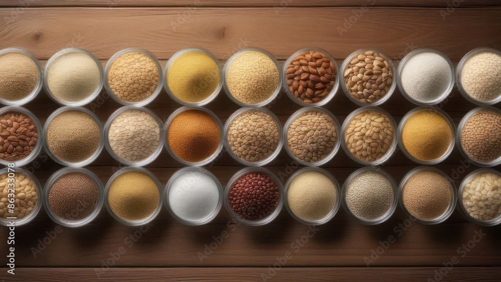 A close-up, photorealistic image in stock style showing a variety of grains like wheat, barley, oats, and rye spread out on a rustic wooden table. A close-up, photorealistic image in stock style showing a variety of grains like wheat, barley, oats, and rye spread out on a rustic wooden table.