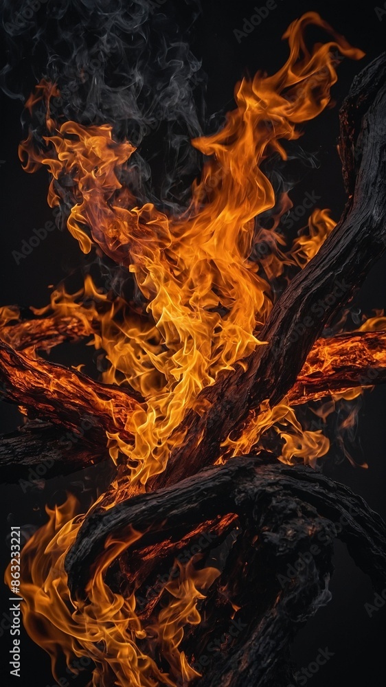 Fototapeta premium Bright orange flames engulf twisted, charred pieces of wood against dark background. Fire's intensity evident as it dances, flickers, creating vivid contrast with blackened wood.