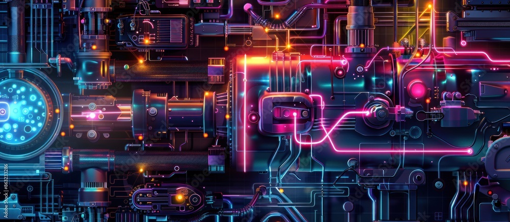 Schematic Diagram of a Complex Engineering Machine colorful glowing light. generative AI image Schematic Diagram of a Complex Engineering Machine colorful glowing light. generative AI image