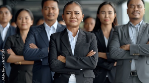 A confident business woman stands with her team, all dressed in professional attire, exuding determination and unity in a corporate environment. © neatlynatly