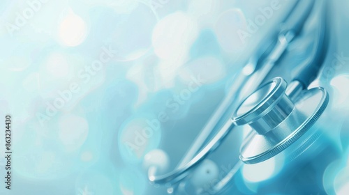 A close-up of a stethoscope against a blue and white bokeh background, representing healthcare and medicine. photo