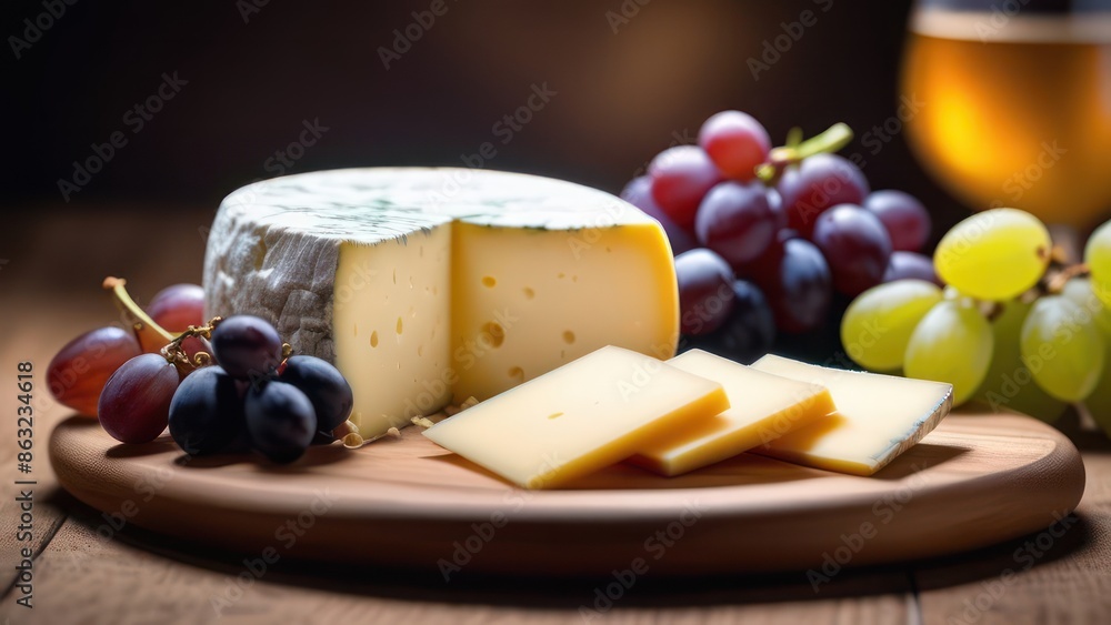 A close-up image of a cheese platter, featuring a selection of cheeses like Suluguni, Tvorog, and smoked Gouda, accompanied by grapes, nuts, and honey. A close-up image of a cheese platter, featuring a selection of cheeses like Suluguni, Tvorog, and smoked Gouda, accompanied by grapes, nuts, and honey.