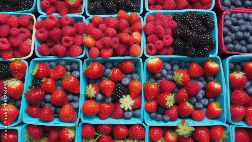 A view of a farmer's market stall brimming with baskets of fresh berries. A view of a farmer's market stall brimming with baskets of fresh berries.