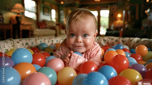 A baby is joyfully playing in a colorful ball pit at home, surrounded by various colors of balls, providing a warm and cozy atmosphere.