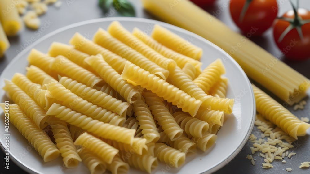 A view of a modern kitchen counter, featuring an artistic arrangement of various uncooked pasta types. A view of a modern kitchen counter, featuring an artistic arrangement of various uncooked pasta types.
