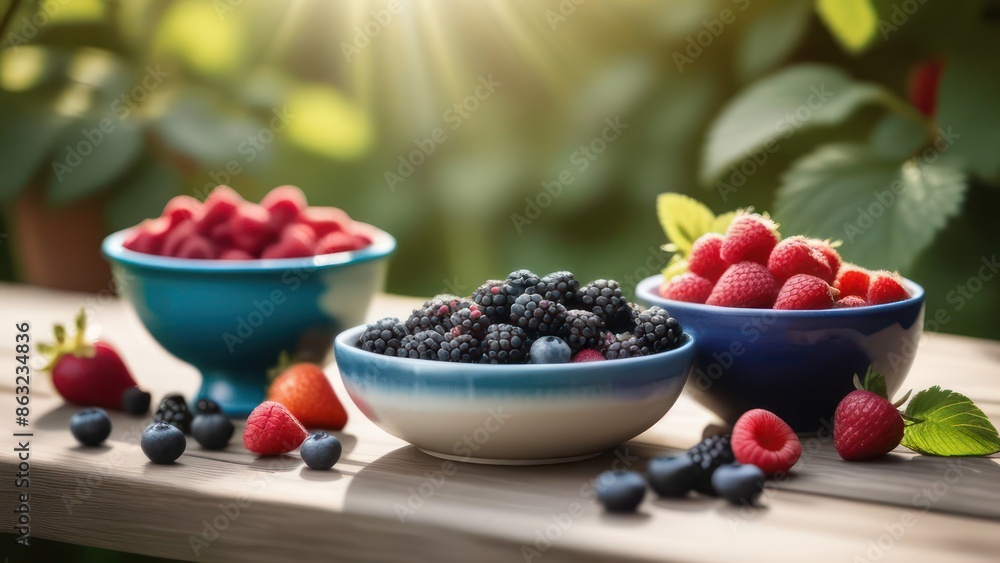 A wide-angle view of a rustic wooden table in a sunny garden setting, laden with various types of fresh berries (strawberries, blueberries, raspberries, blackberries) in ceramic bowls. A wide-angle view of a rustic wooden table in a sunny garden setting, laden with various types of fresh berries (strawberries, blueberries, raspberries, blackberries) in ceramic bowls.