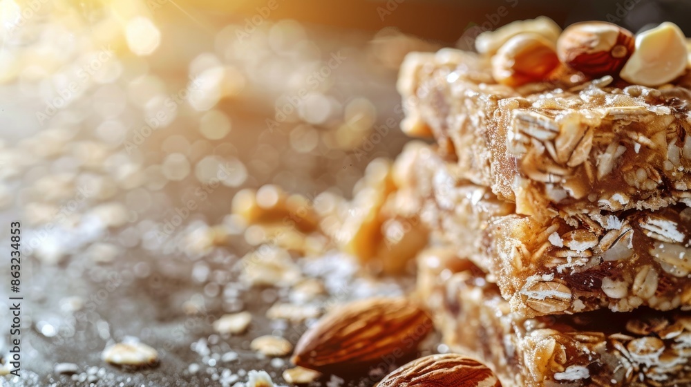 A close-up shot of a stack of granola bars with almonds and hazelnuts. The bars are sitting on a rustic wooden surface. The sunlight shines through the background. A close-up shot of a stack of granola bars with almonds and hazelnuts. The bars are sitting on a rustic wooden surface. The sunlight shines through the background.