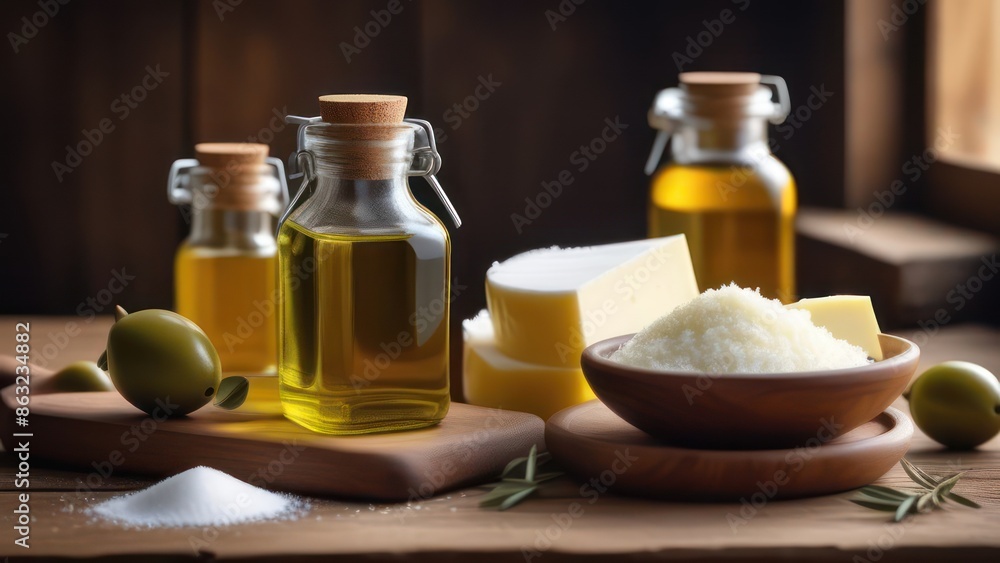 A wide-angle image depicting an assortment of natural oils and fats, such as olive oil, coconut oil, butter, and lard, elegantly arranged on a rustic wooden table. A wide-angle image depicting an assortment of natural oils and fats, such as olive oil, coconut oil, butter, and lard, elegantly arranged on a rustic wooden table.
