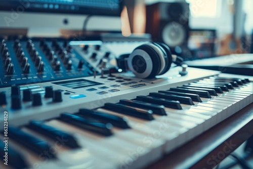A close-up shot of a keyboard, headphones and mixing board in a music studio.