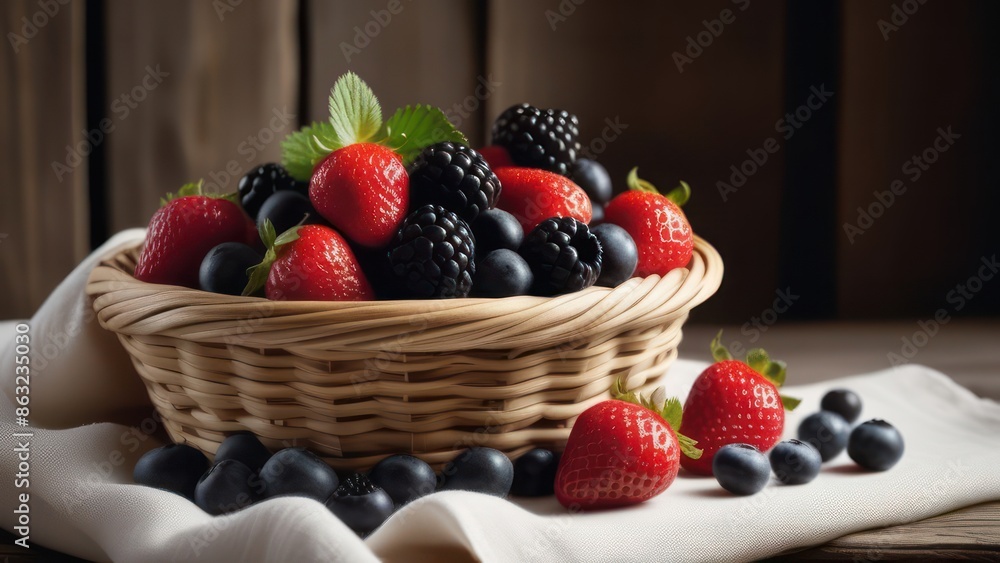 An artistic composition of assorted fresh berries (strawberries, blackberries, raspberries, blueberries) in a classic, woven wicker basket. An artistic composition of assorted fresh berries (strawberries, blackberries, raspberries, blueberries) in a classic, woven wicker basket.