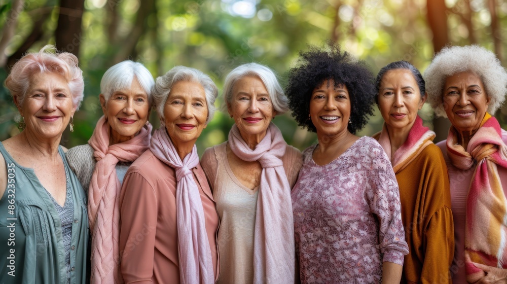 A diverse group of senior women are smiling and posing outdoors, wearing colorful clothing and scarves. The background is lush with green foliage. A diverse group of senior women are smiling and posing outdoors, wearing colorful clothing and scarves. The background is lush with green foliage.