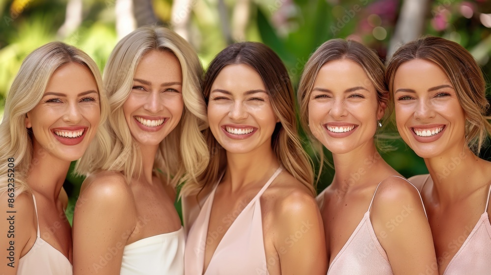 A portrait of five women with natural beauty standing close together outdoors, smiling brightly. They have similar hairstyles and wear light-colored outfits.