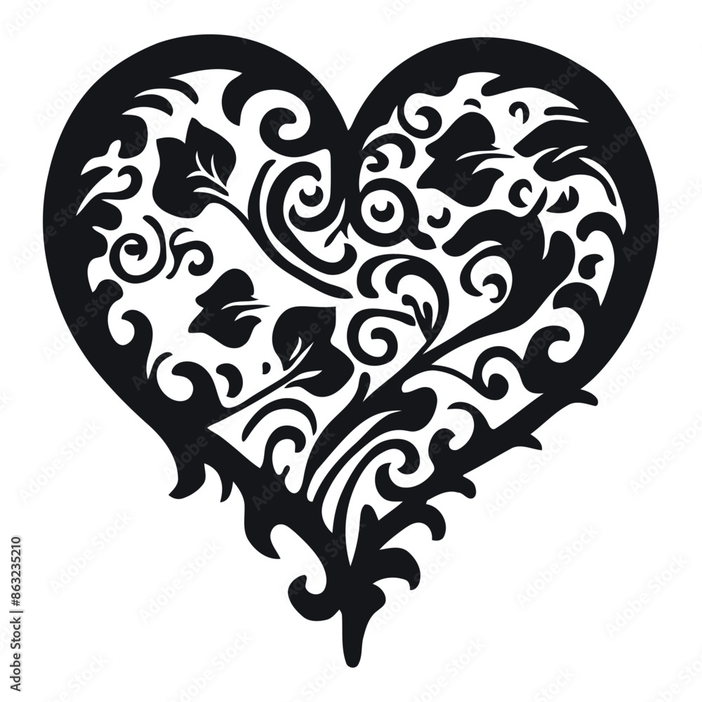 A black and white heart-shaped design with intricate swirling patterns and shapes A black and white heart-shaped design with intricate swirling patterns and shapes