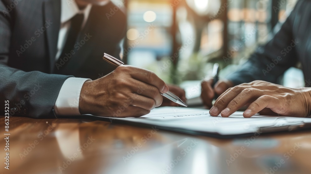 Dynamic Deal Business Partners Signing Contract in Modern Office Setting Dynamic Deal Business Partners Signing Contract in Modern Office Setting