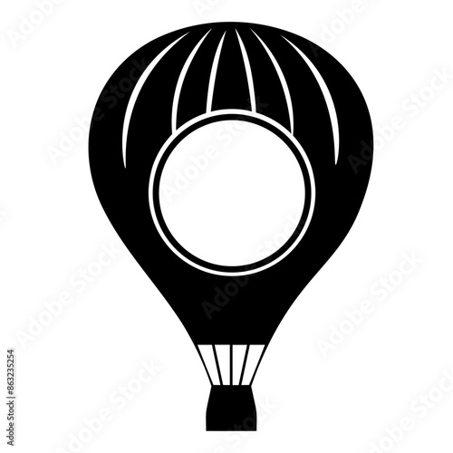 A black and white illustration of a hot air balloon with a circular opening in the center
