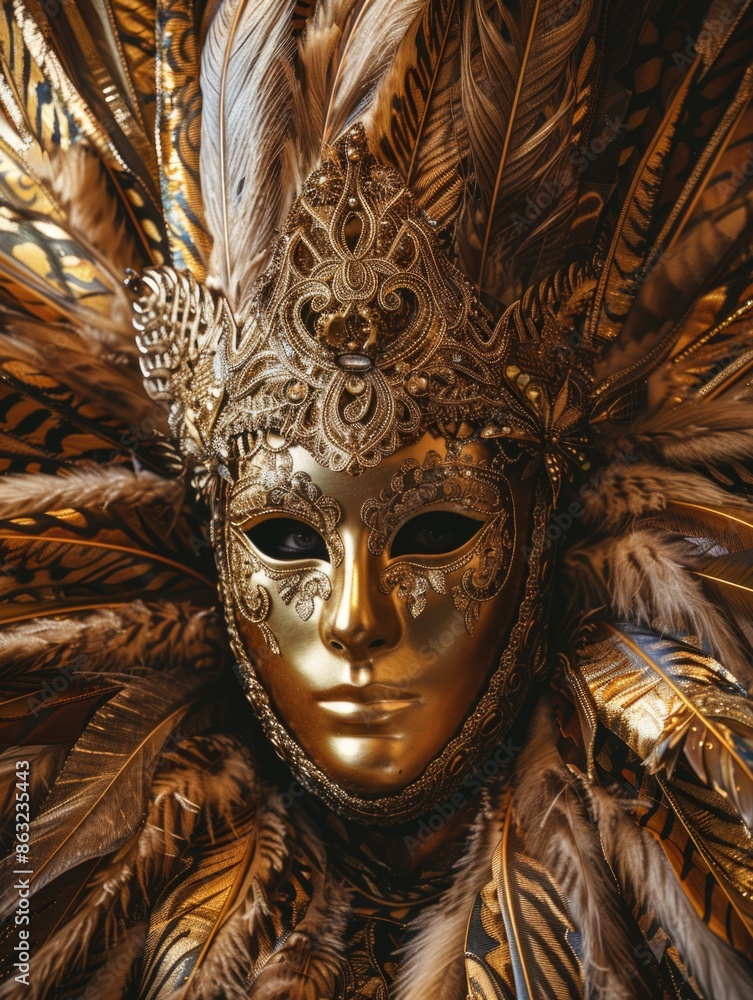 Gold mask with feather adornment Gold mask with feather adornment
