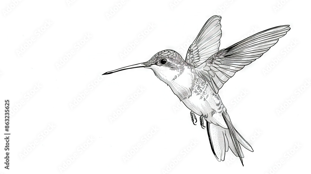 Fototapeta premium Hummingbird flying in black and white air with spread wings