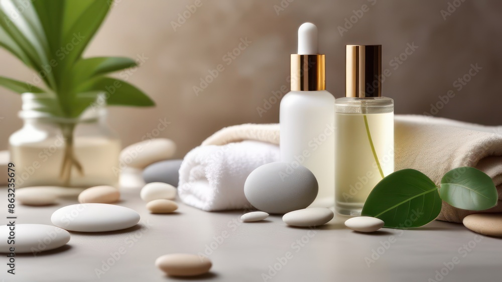 A spa-like image showcasing organic and therapeutic cosmetics and perfumes. A spa-like image showcasing organic and therapeutic cosmetics and perfumes.