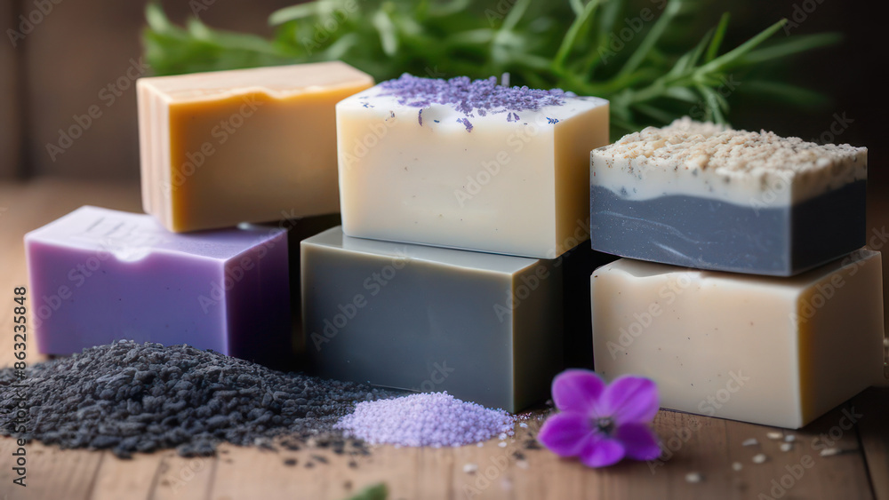 A close-up image of a variety of luxury soap bars, each with a unique texture and color, representing different natural ingredients A close-up image of a variety of luxury soap bars, each with a unique texture and color, representing different natural ingredients