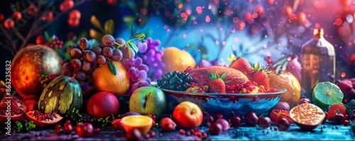 A colorful still life with an assortment of fruits and berries.