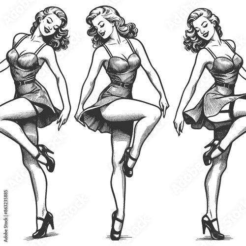 three retro pin-up women dancing in stylish dresses, vintage charm and lively movement sketch engraving generative ai vector illustration. Scratch board imitation. Black and white image.