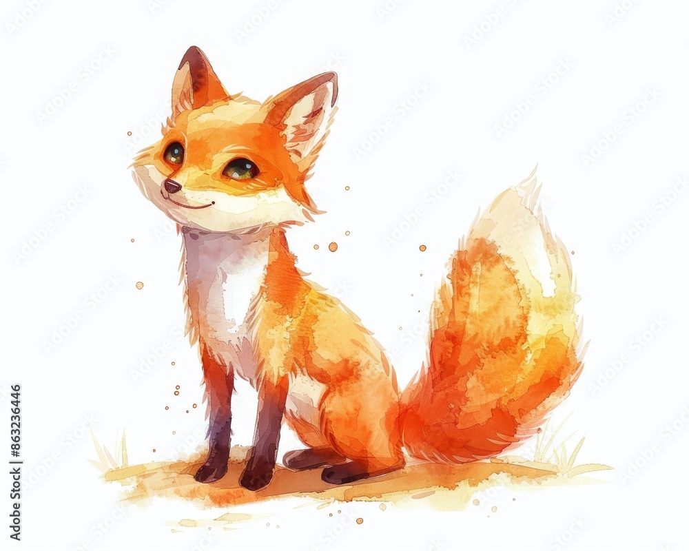 A cute, cartoon-style fox with a bushy tail sits on a white background, painted in watercolor. A cute, cartoon-style fox with a bushy tail sits on a white background, painted in watercolor.
