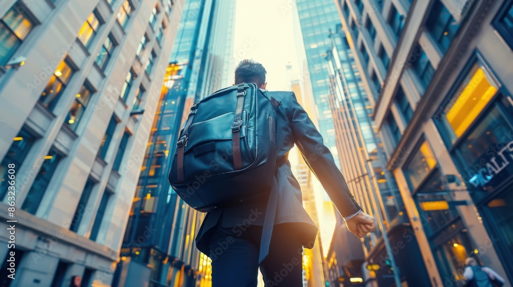 A businessman, with a large backpack, is rushing past towering glass buildings in an urban environment, captured at sunset. A businessman, with a large backpack, is rushing past towering glass buildings in an urban environment, captured at sunset.