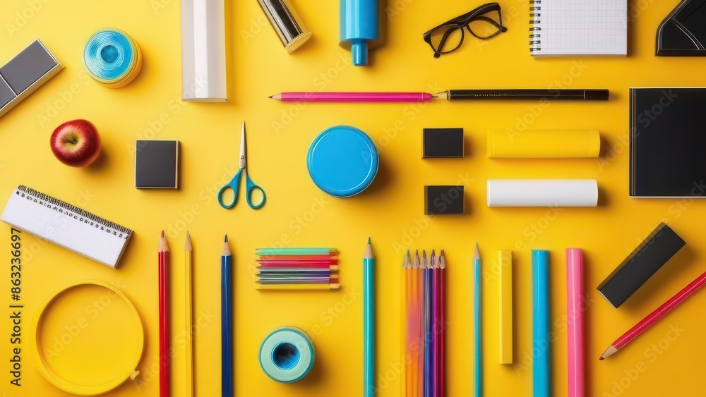 Back to school supplies on yellow background Back to school supplies on yellow background