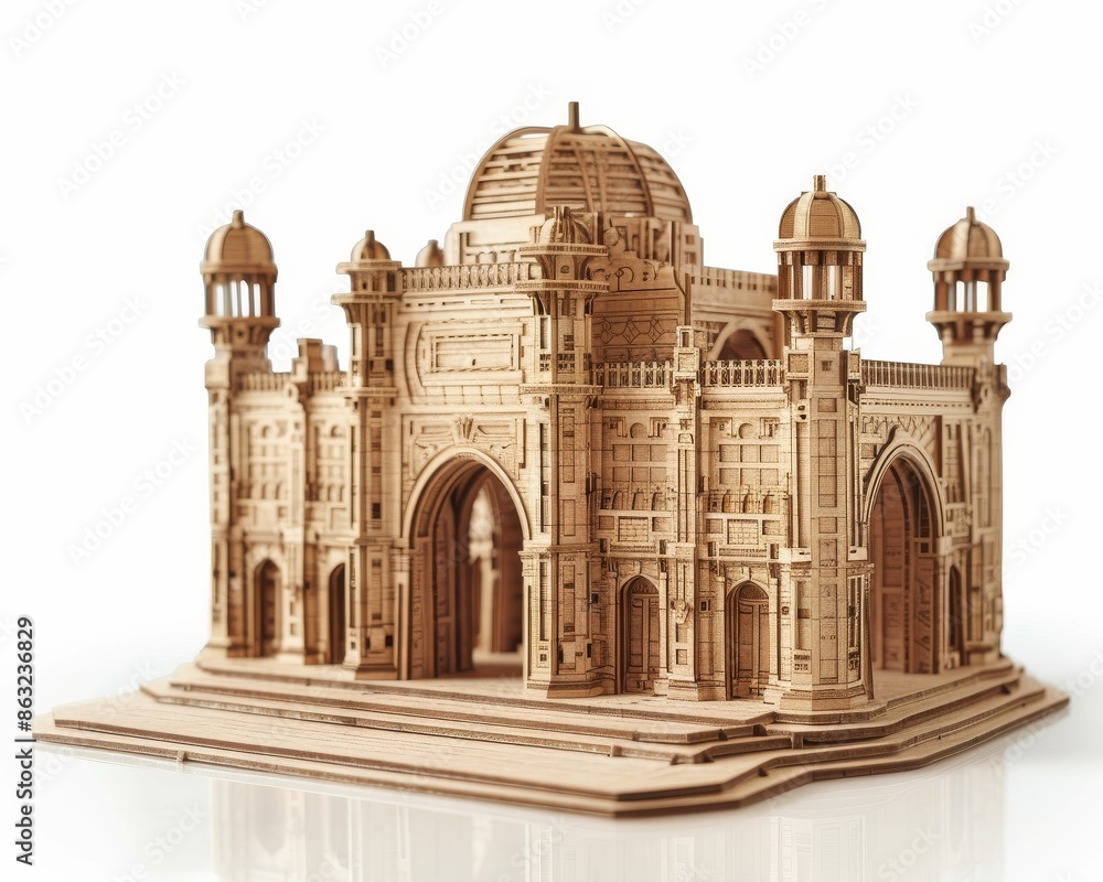 Obraz premium A detailed wooden model of a mosque with intricate carvings and a domed roof.