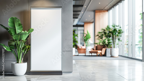 blank empty roll up mockup poster stand in an business center or meeting office room at company entrance as wide banner design with, copy space