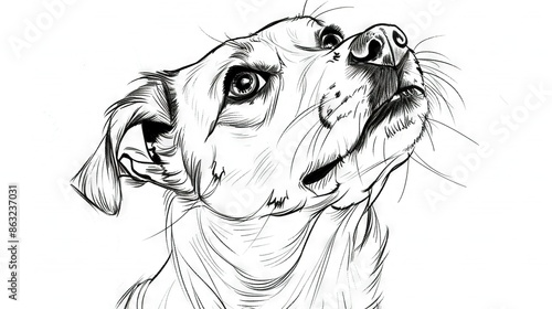   A monochrome depiction of a canine visage with an open mouth and extended tongue photo