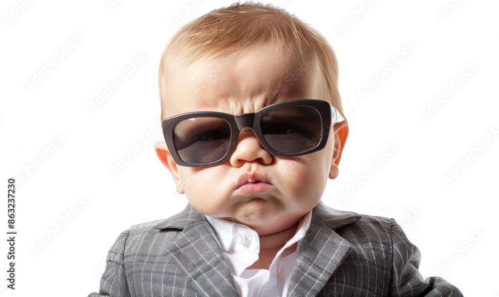 Angry young boy in formal attire and shades, isolated on white background Angry young boy in formal attire and shades, isolated on white background