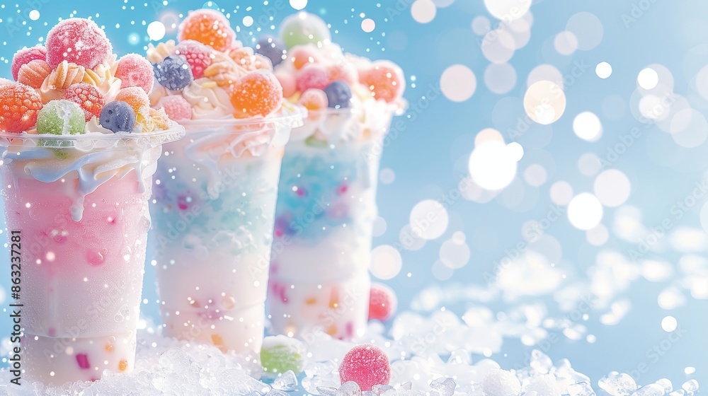 Colorful frozen dessert in cups with whipped cream and candy toppings, set against a snowy background with bokeh effect. Colorful frozen dessert in cups with whipped cream and candy toppings, set against a snowy background with bokeh effect.