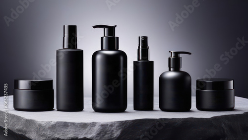 Black cosmetic bottles set on stone table. 