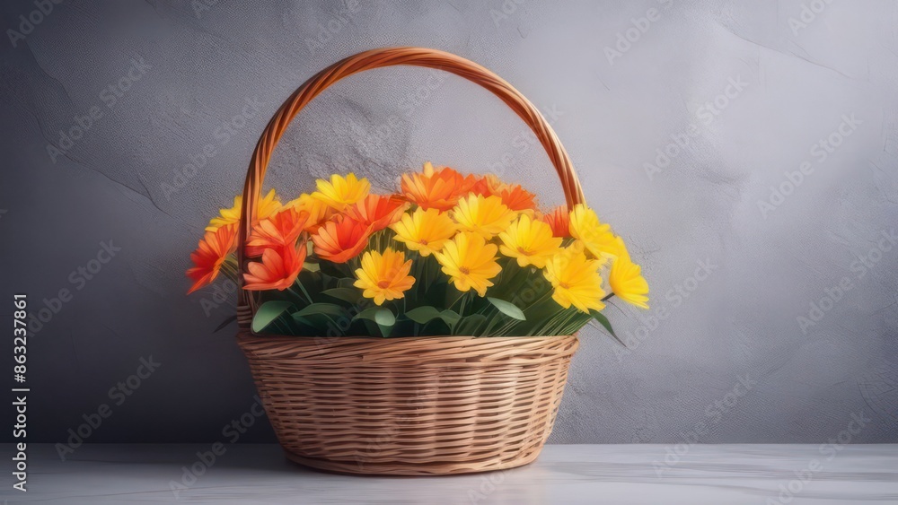 Woven flower basket on stone background. Happy Mother's Day, International Women's Day, Birthday concept. Woven flower basket on stone background. Happy Mother's Day, International Women's Day, Birthday concept.