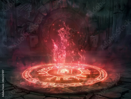 A fiery red magic circle glows in a dark, ancient chamber. The circle is surrounded by intricate runes and symbols. photo