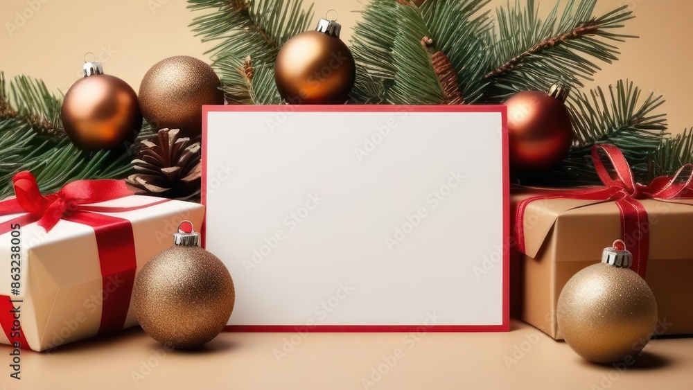 Fototapeta premium Christmas frame made of gift boxes, bronze and brown baubles, fir branches, decorations on beige background. Christmas holiday greeting card concept. 