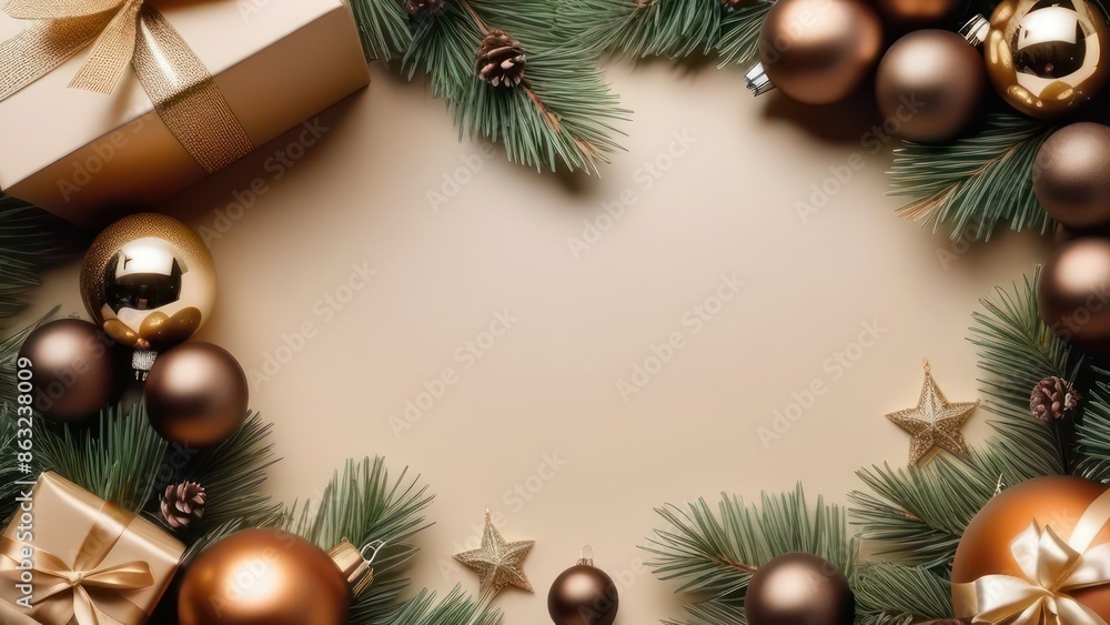 Christmas frame made of gift boxes, bronze and brown baubles, fir branches, decorations on beige background. Christmas holiday greeting card concept. Christmas frame made of gift boxes, bronze and brown baubles, fir branches, decorations on beige background. Christmas holiday greeting card concept.