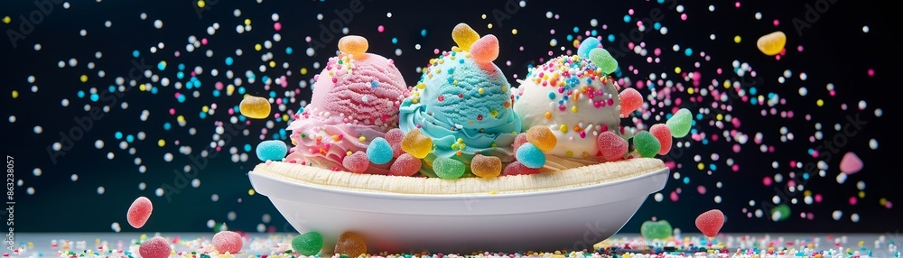 Colorful scoops of ice cream in a bowl, topped with sprinkles and candy, creating a delightful and festive dessert scene. Colorful scoops of ice cream in a bowl, topped with sprinkles and candy, creating a delightful and festive dessert scene.