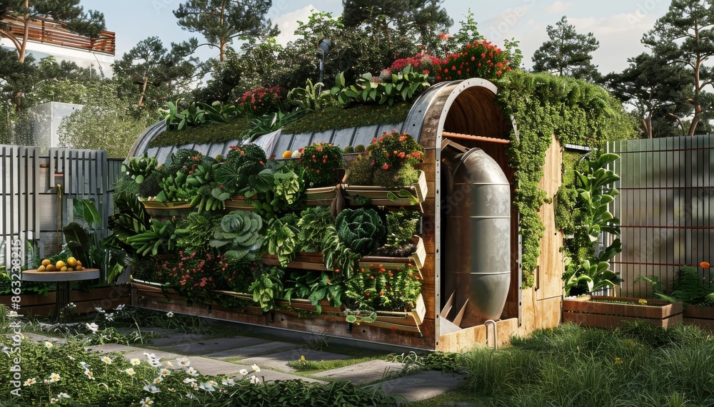 Naklejka premium A futuristic, eco-friendly home made of metal and wood, covered in lush greenery. The house is surrounded by nature and features a small patio with fruit.